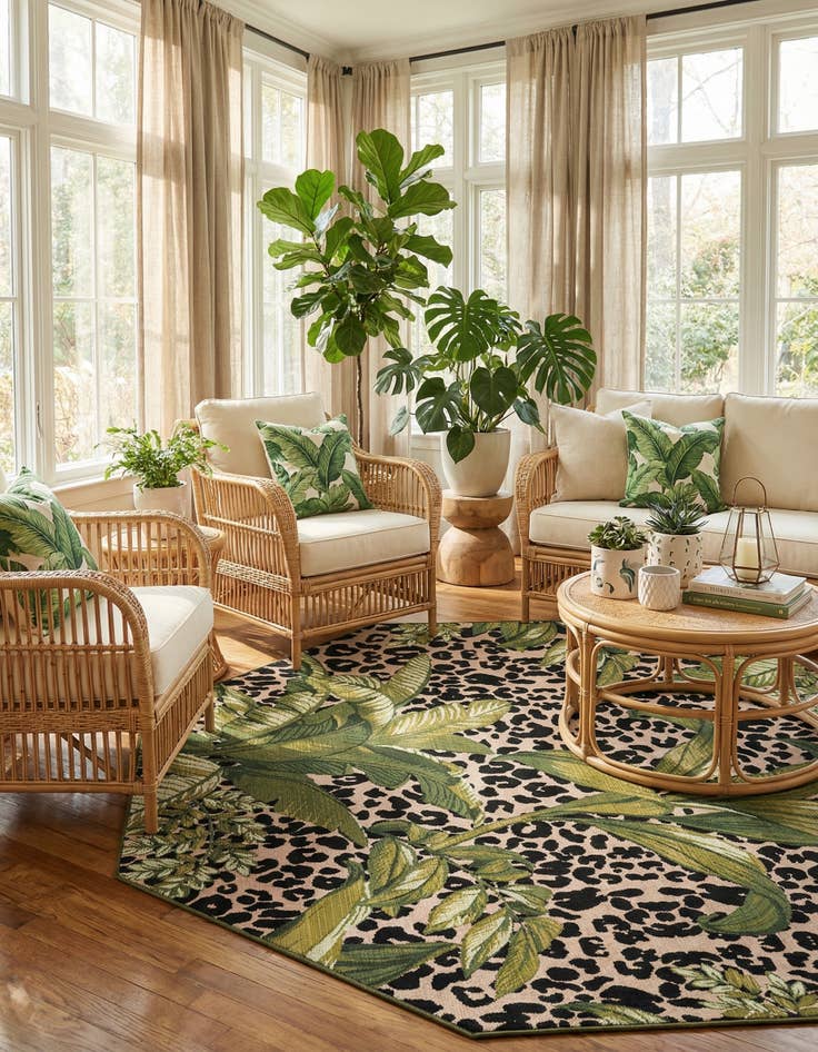 Detail image of 7' x 7'  Washable Botanical Indoor / Outdoor Octagon Rug