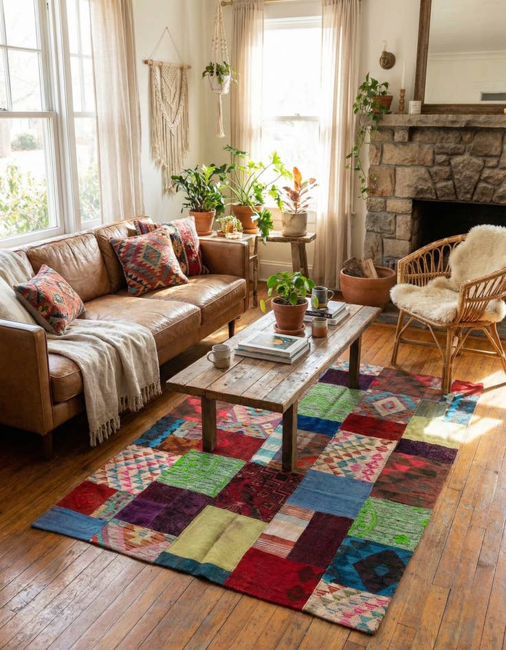 Detail image of  4' 3 x 6'  Hand Woven Kilim Patchwork Wool Rug