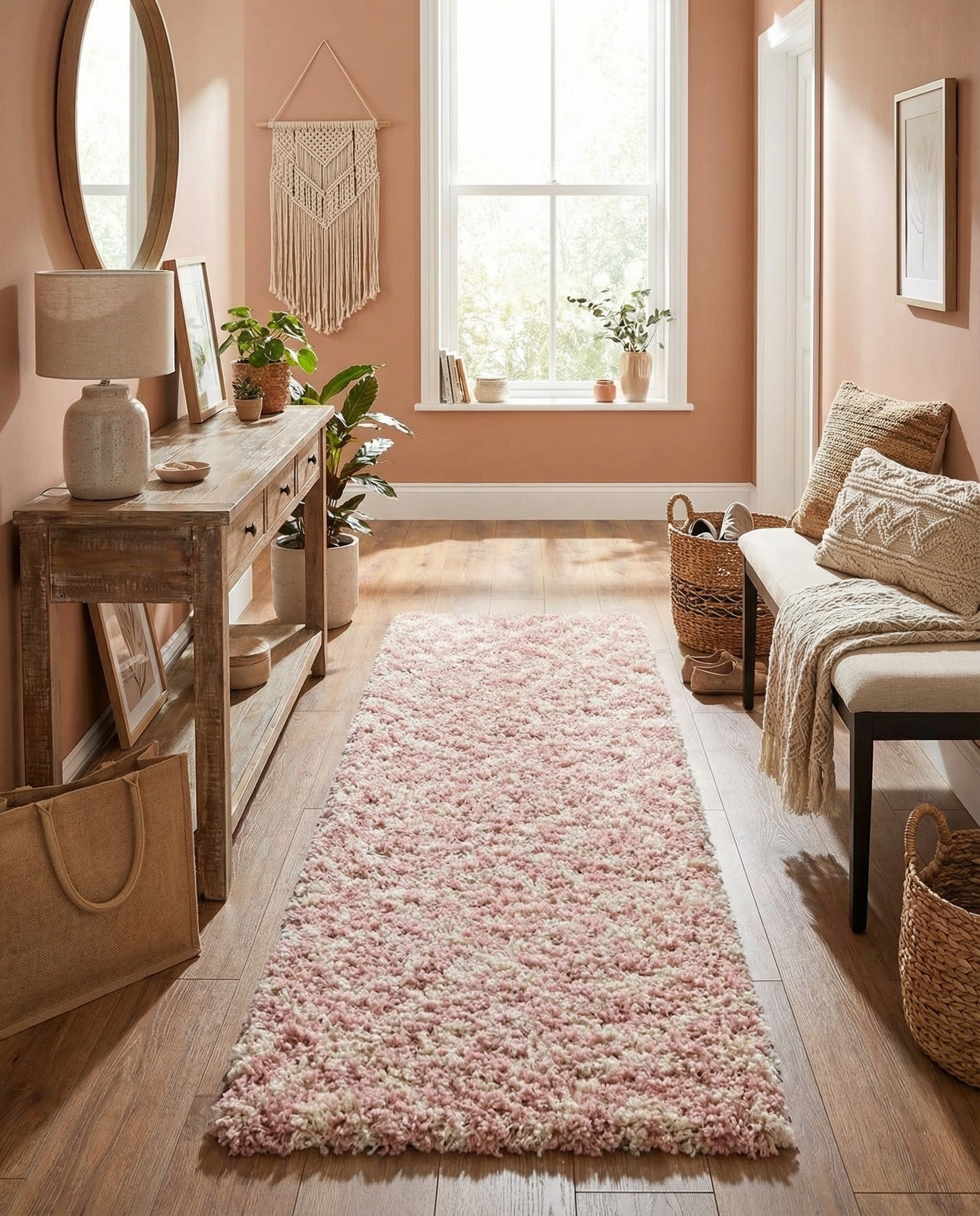 A 7 ft runner rug in shades of pink and cream, featuring a modern trellis pattern and a high/low shag pile.