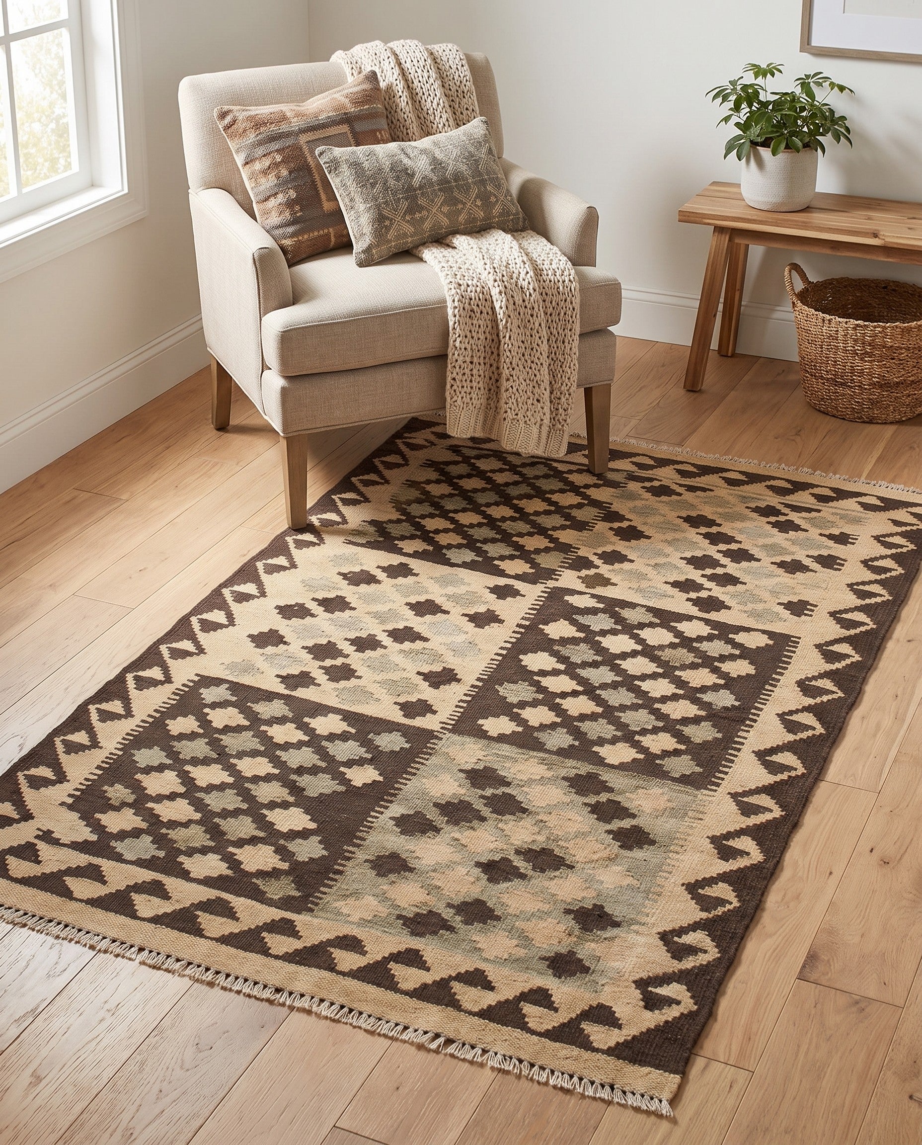 3' 2 x 4' 9 Hand Woven Kilim Maymana Wool Rug