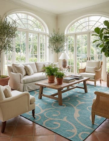 Light Aqua Easy-Clean Botanical Indoor / Outdoor Square Rug