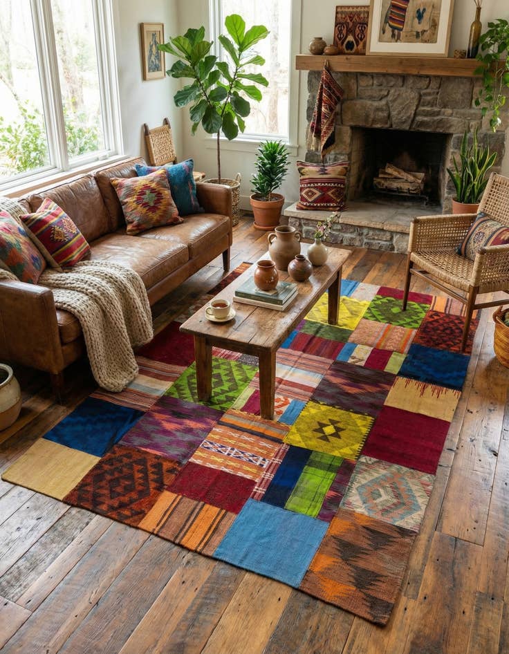 Detail image of 5' 8 x 8'  Hand Woven Kilim Patchwork Wool Rug