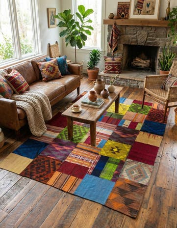 5' 8 x 8' Hand Woven Kilim Patchwork Wool Rug