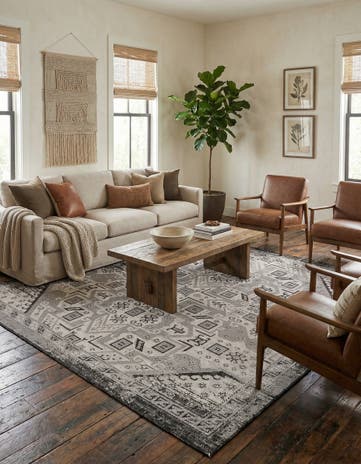 Charcoal Gray Easy-Clean Aztec Indoor / Outdoor Square Rug