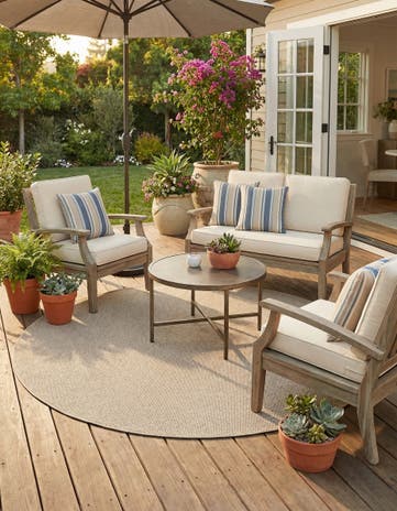 Light Beige Easy-Clean Solid Indoor / Outdoor Round Rug