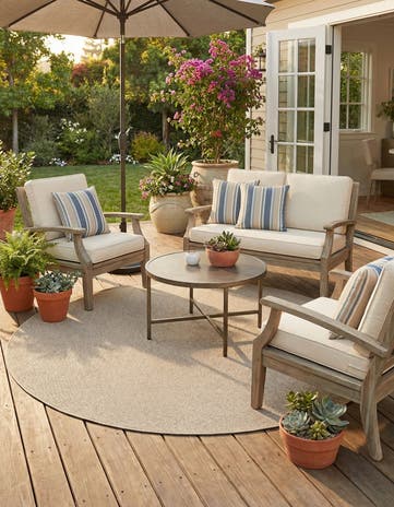 Light Beige Easy-Clean Solid Indoor / Outdoor Round Rug