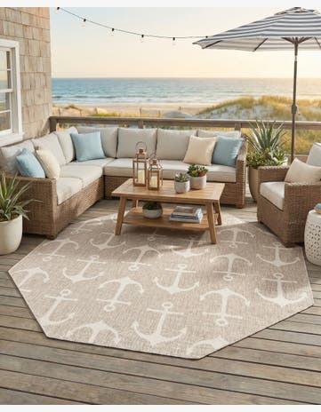 Gray Easy-Clean Coastal Indoor / Outdoor Octagon Rug