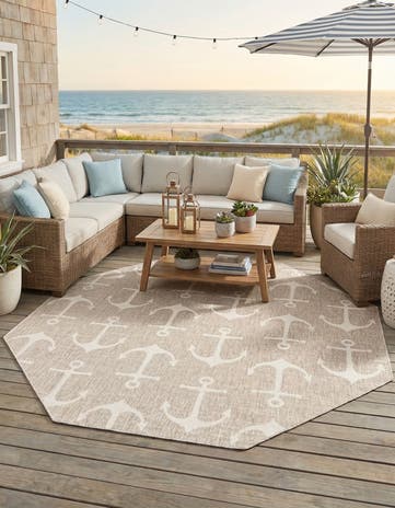 Gray Easy-Clean Coastal Indoor / Outdoor Octagon Rug