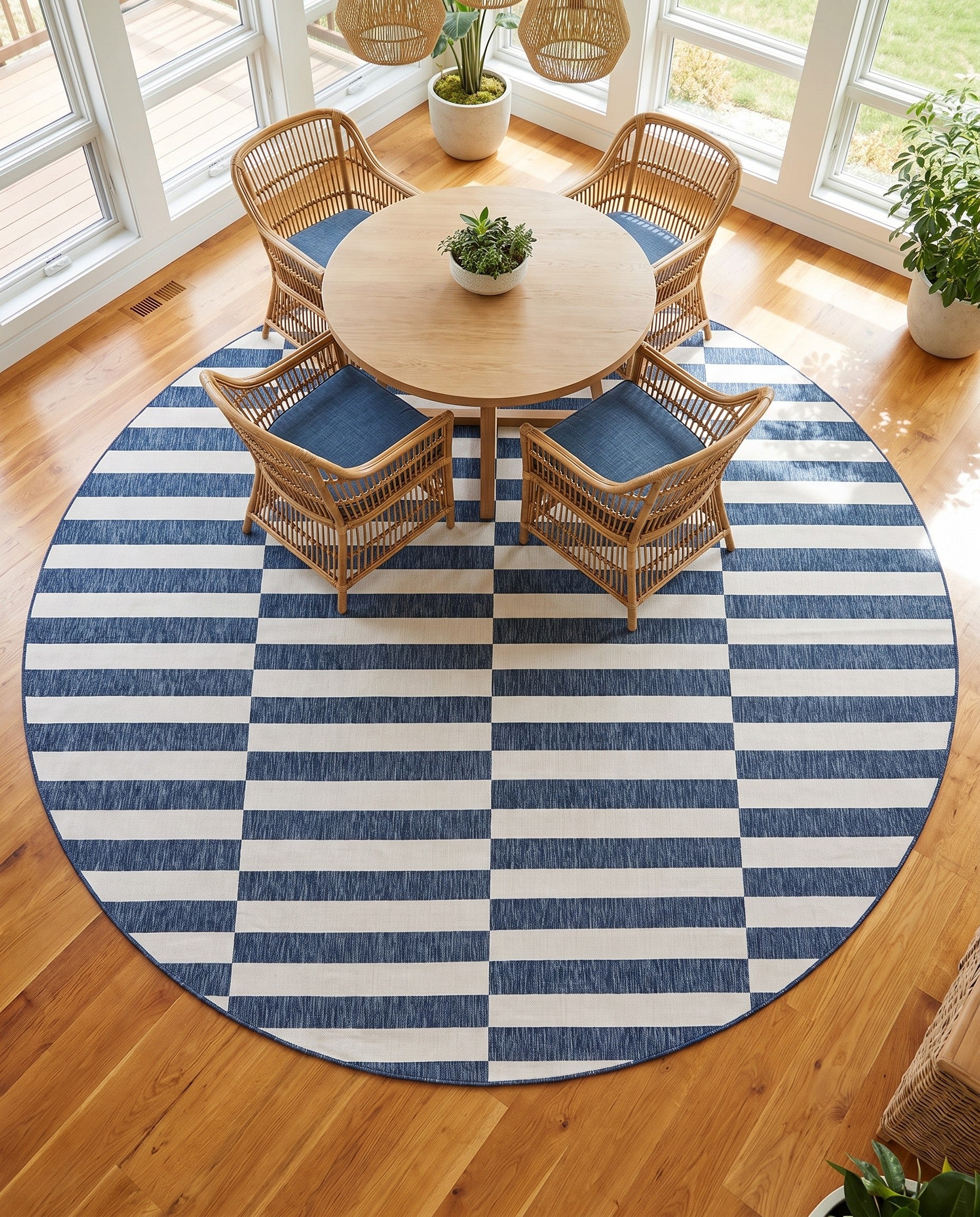 Blue Easy-Clean Striped Indoor / Outdoor Round Rug