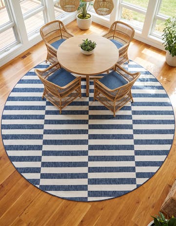Blue Easy-Clean Striped Indoor / Outdoor Round Rug