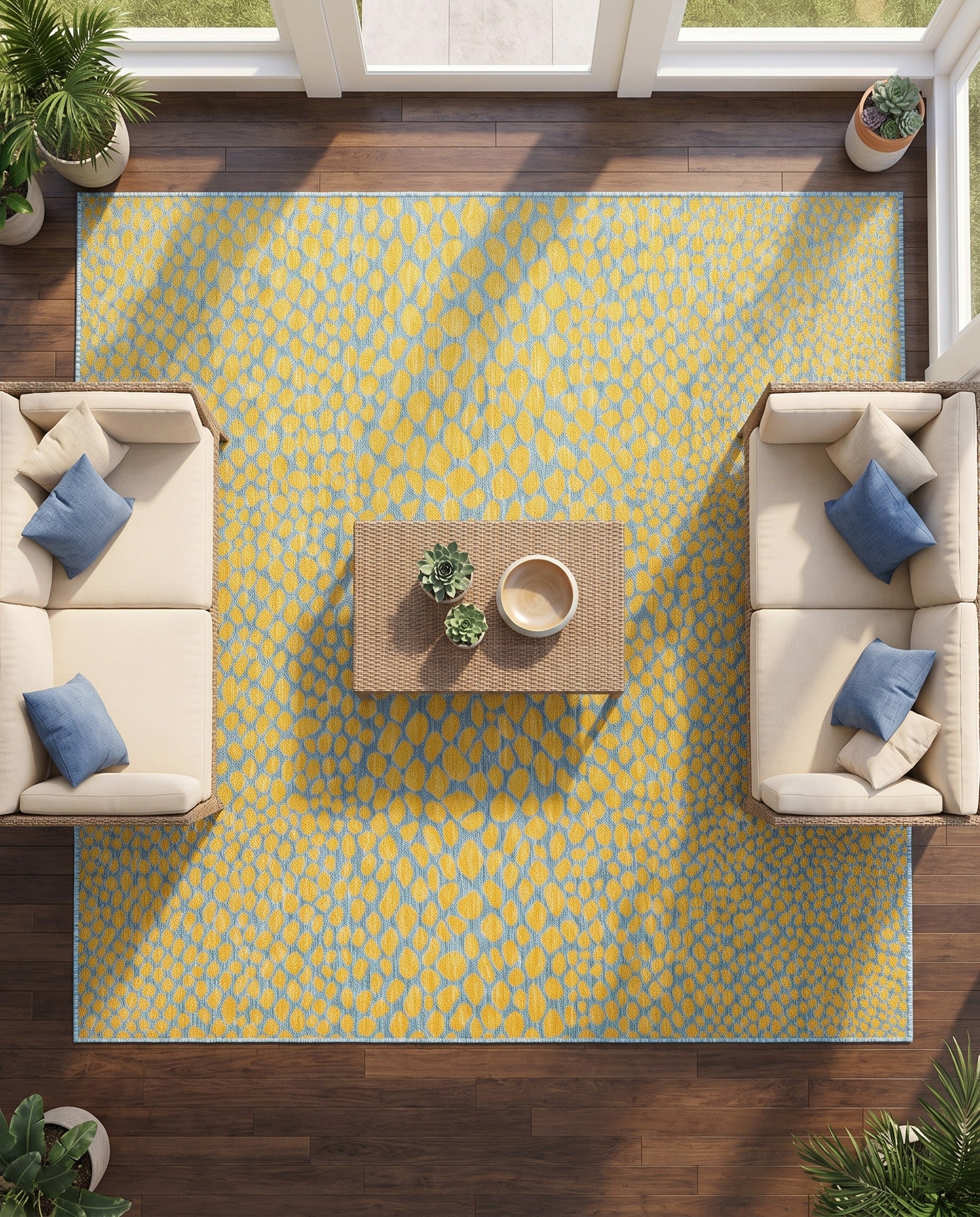 Yellow and Aqua Easy-Clean Jill Zarin Cape Town Indoor / Outdoor Square Rug