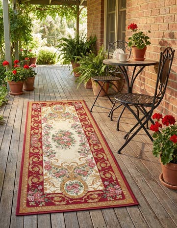 Burgundy Red and Ivory Easy-Clean Traditional Indoor / Outdoor Runner Rug