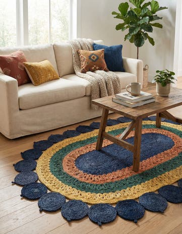 Navy Blue Yellow Green Handmade Braided Jute Oval Rug