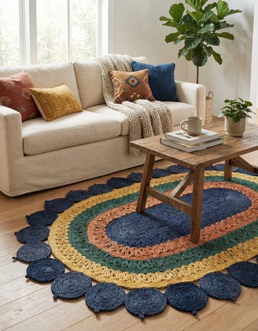 Navy Blue Yellow Green Handmade Braided Jute Oval Rug