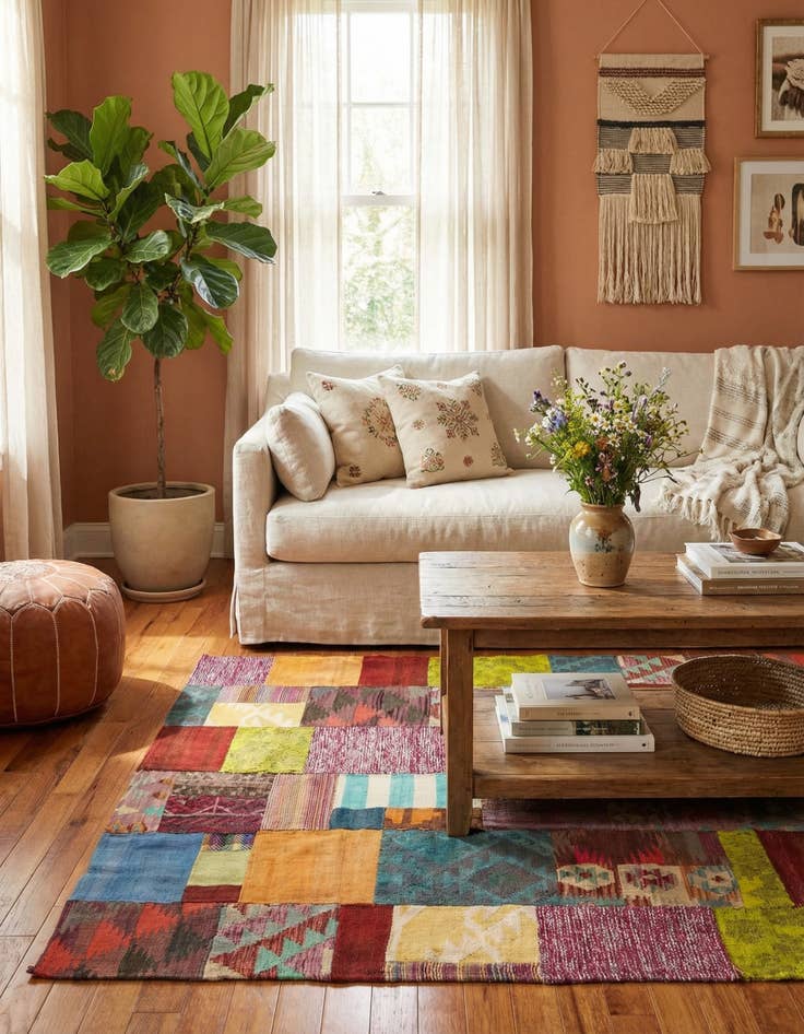 Detail image of  3' 10 x 5' 8  Hand Woven Kilim Patchwork Wool Rug