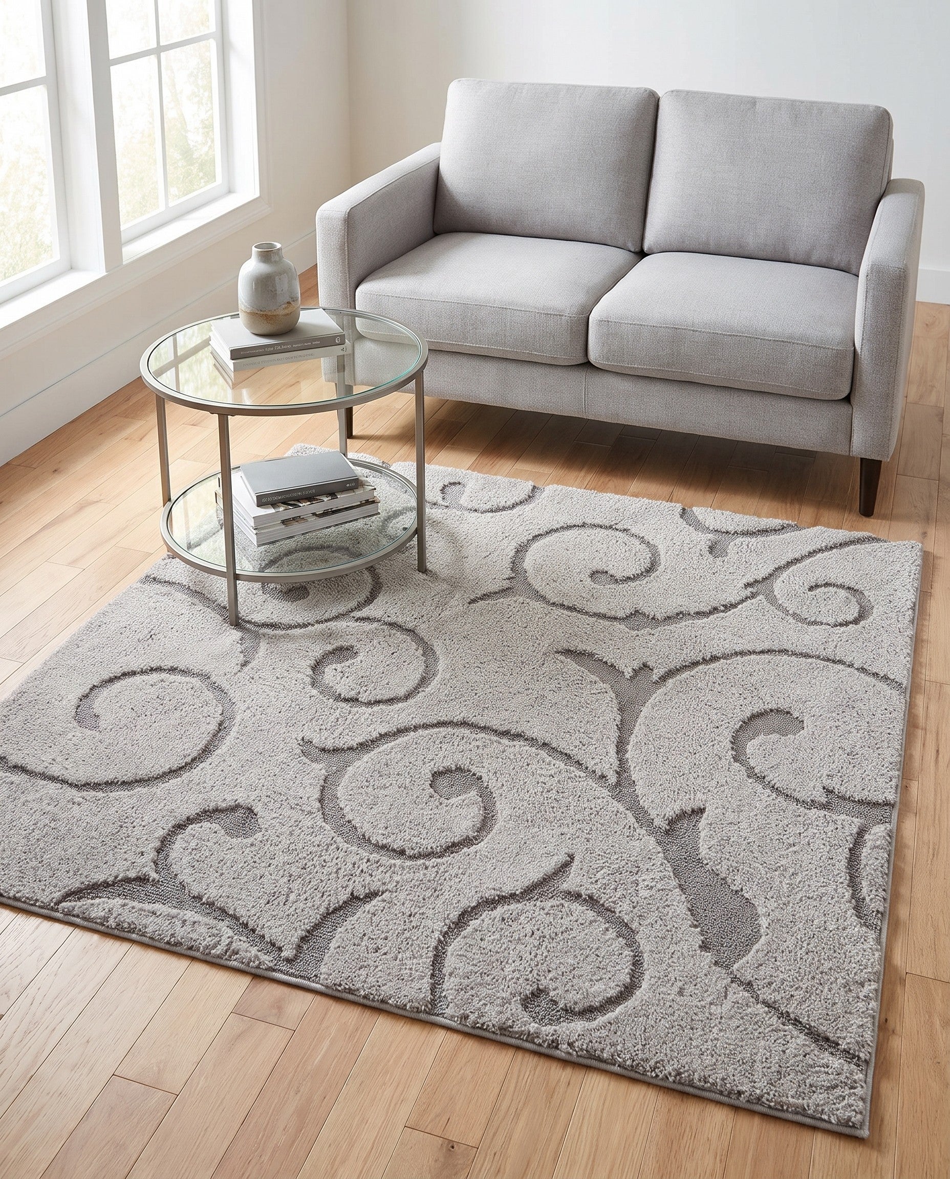 Light Gray and Gray Botanical Shag Square Rug