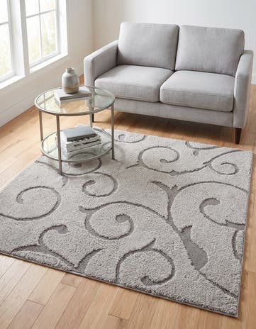 Light Gray and Gray Floral Shag Tapis Carré