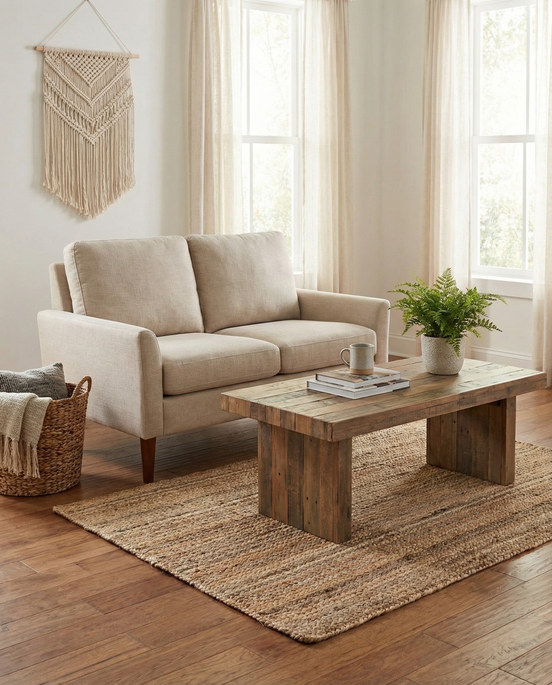 A 4x6 rectangular Braided Jute rug by Rugs.com, featuring natural brown and tan braided fibers, perfect for a living room or office.