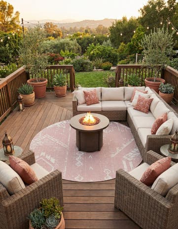 Pink Easy-Clean Bohemian Indoor / Outdoor Round Rug