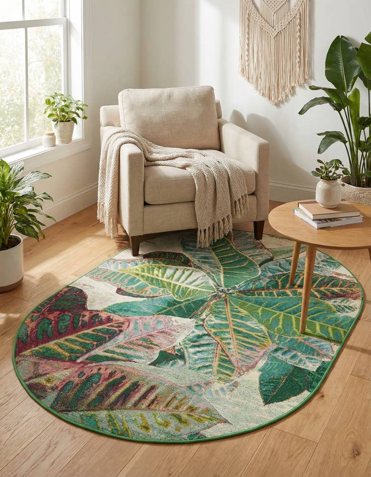 Detail image of 4' x 6' Easy-Clean Botanical Indoor / Outdoor Oval Rug