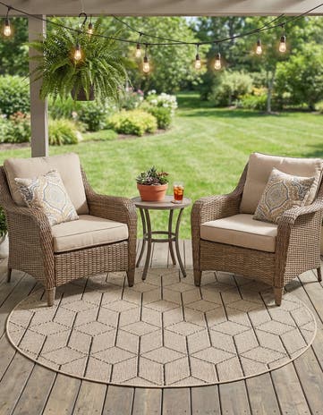 Khaki Easy-Clean Lattice Indoor / Outdoor Round Rug