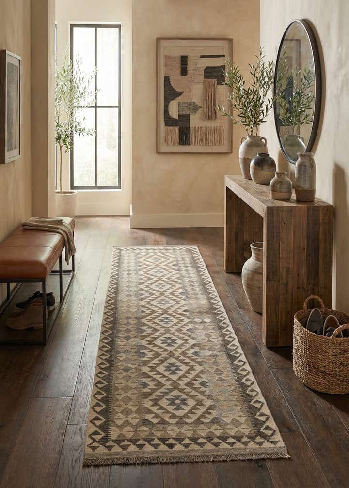 2' 9 x 9' 8 Hand Woven Kilim Maymana Wool Runner Rug