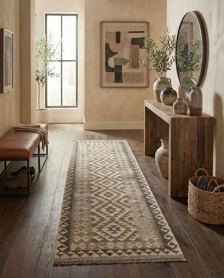 2' 9 x 9' 8 Hand Woven Kilim Maymana Wool Runner Rug