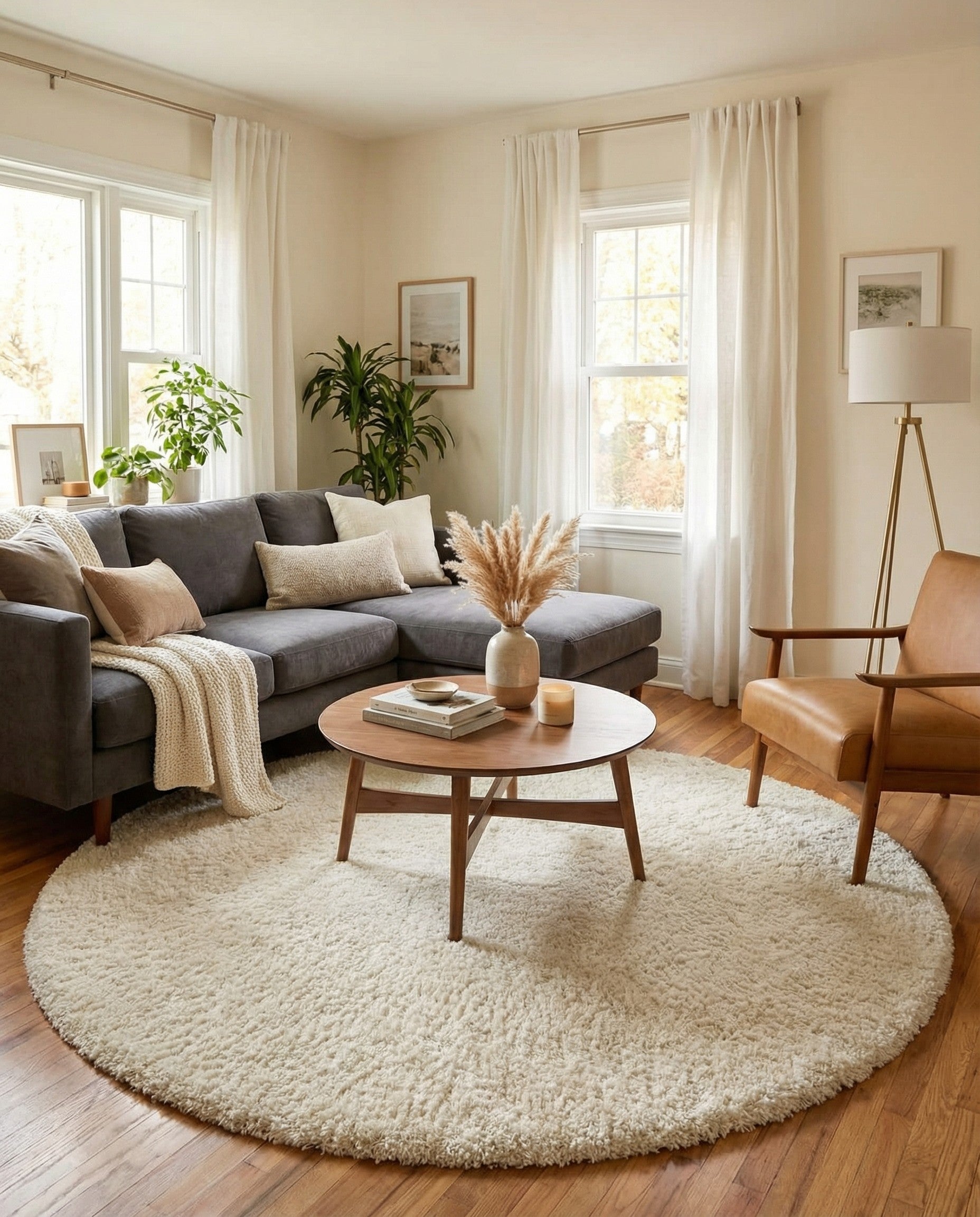 A 7' 0 x 7' 0 round white shag rug with a textured pile, suitable for modern indoor spaces.