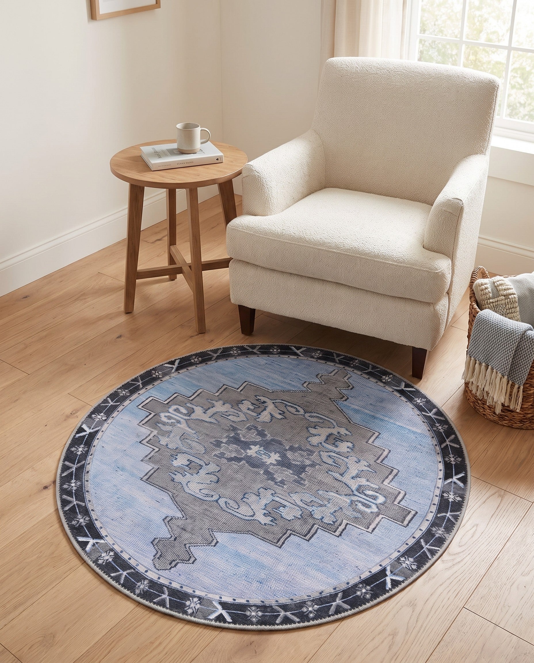 Blue Gray Washable Timeless Round Rug