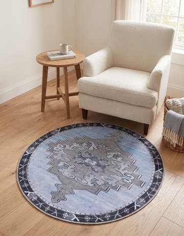 Blue Gray Washable Timeless Round Rug