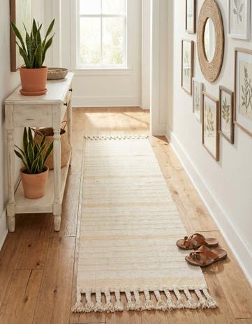 Beige and White Hand Woven Chindi Cotton Runner Rug