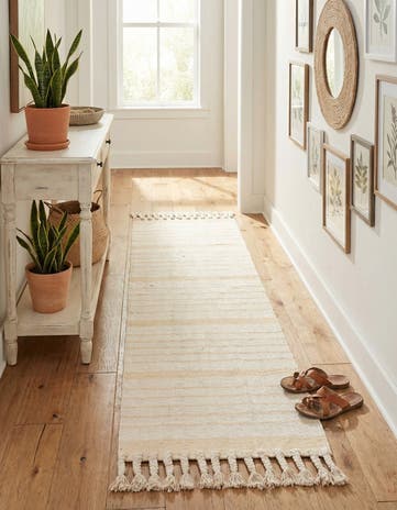 Beige and White Hand Woven Chindi Cotton Runner Rug