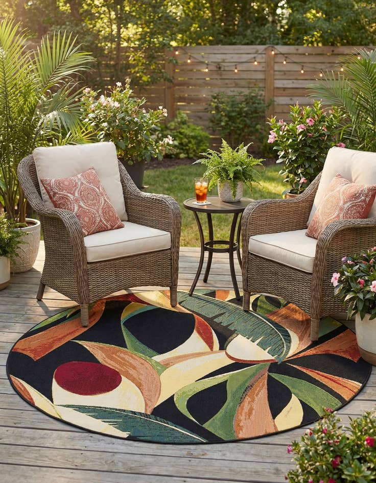 Detail image of 6' x 6'  Washable Botanical Indoor / Outdoor Round Rug