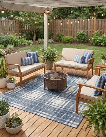 Blue Easy-Clean Checkered Indoor / Outdoor Square Rug
