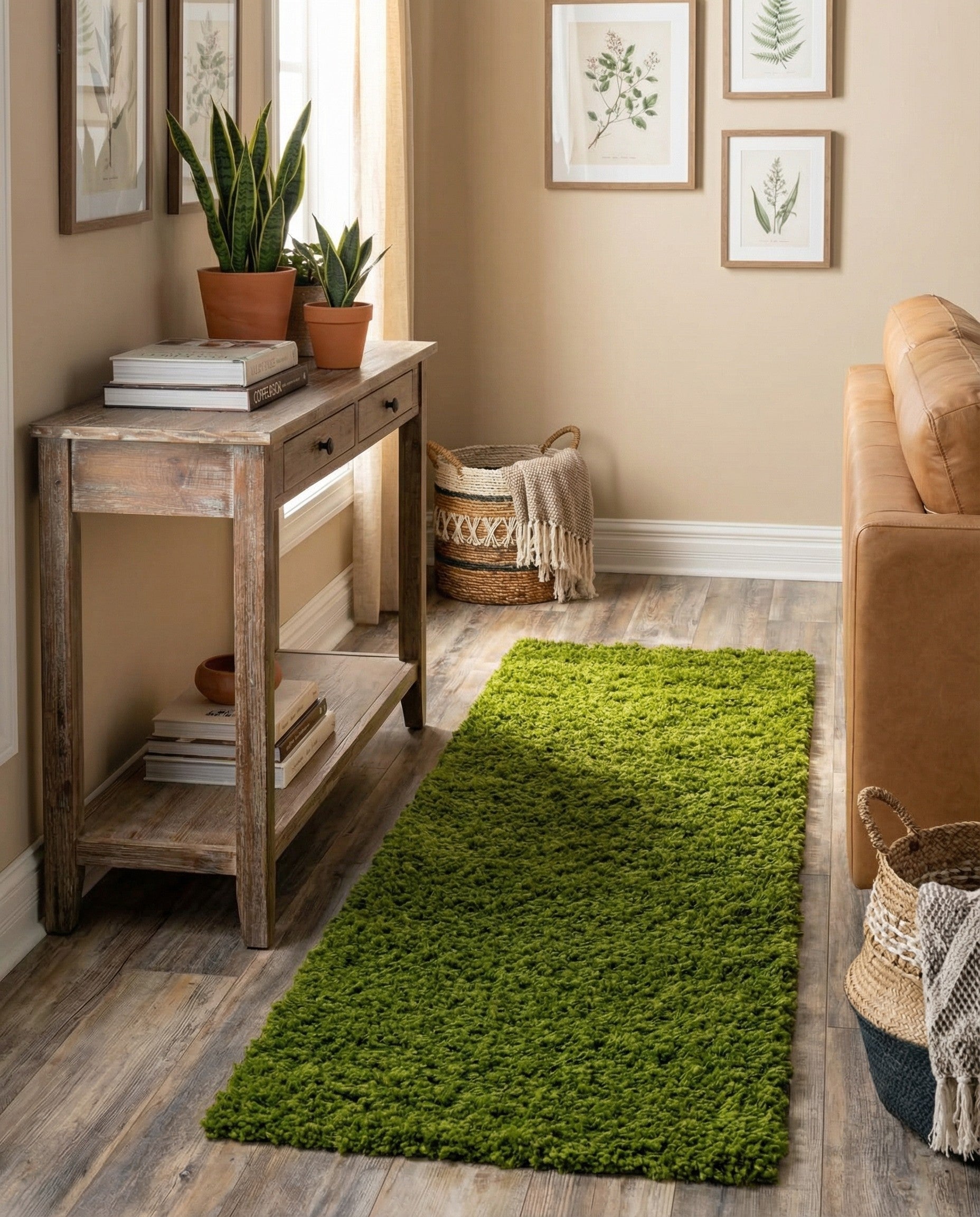 A vibrant green 6 ft runner rug with a plush shag pile, perfect for a hallway or kids' room.
