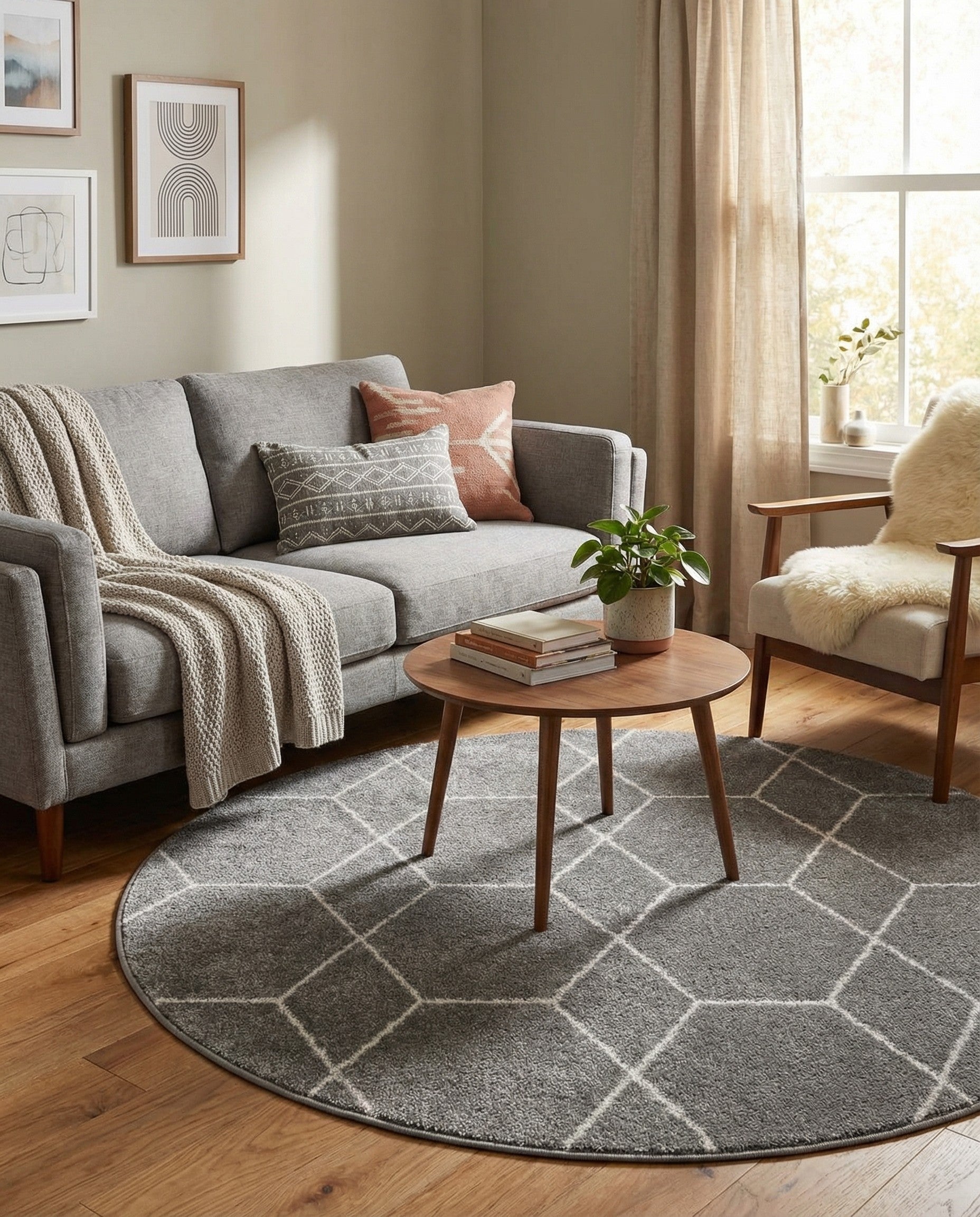 A 4' round gray area rug with a modern white geometric trellis pattern, suitable for various indoor spaces.