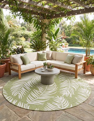 Green Easy-Clean Botanical Indoor / Outdoor Round Rug