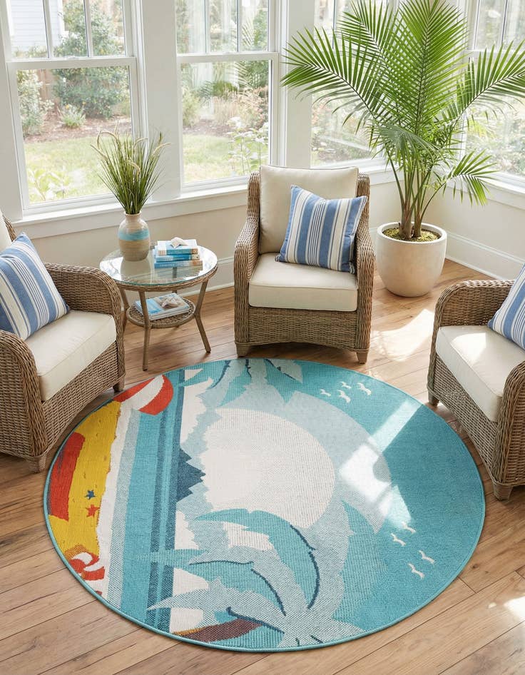 Detail image of 5' x 5'  Washable Coastal Indoor / Outdoor Round Rug