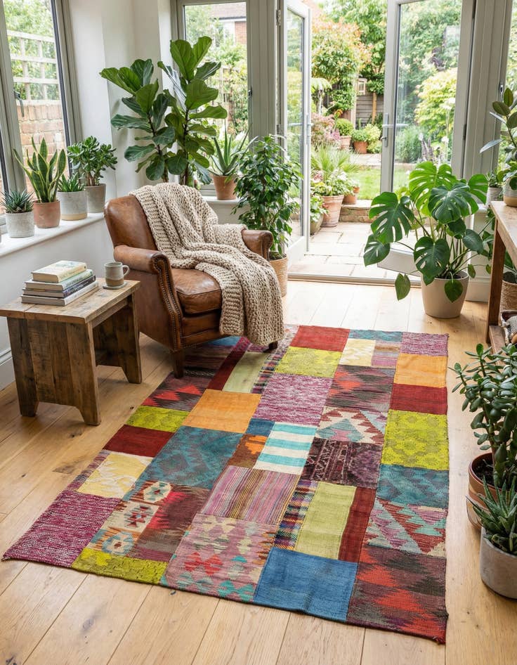 Detail image of  3' 10 x 5' 8  Hand Woven Kilim Patchwork Wool Rug