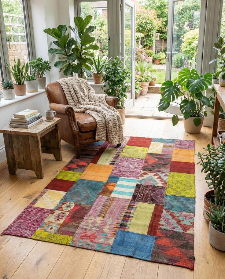 Detail image of 3' 10 x 5' 8 Hand Woven Kilim Patchwork Wool Rug