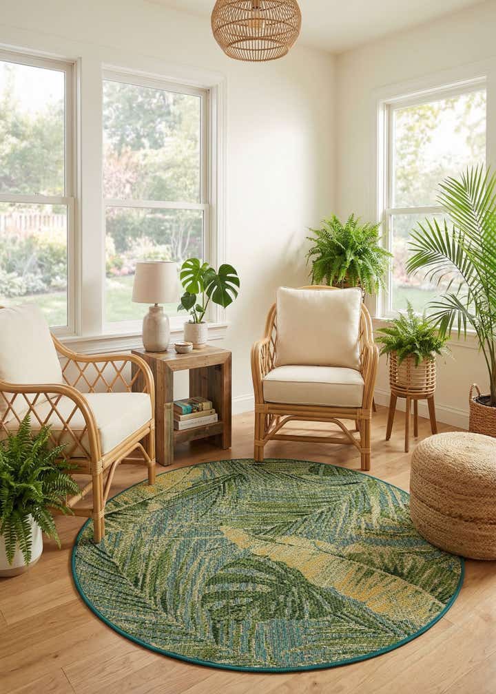 4' x 4' Easy-Clean Botanical Indoor / Outdoor Round Rug