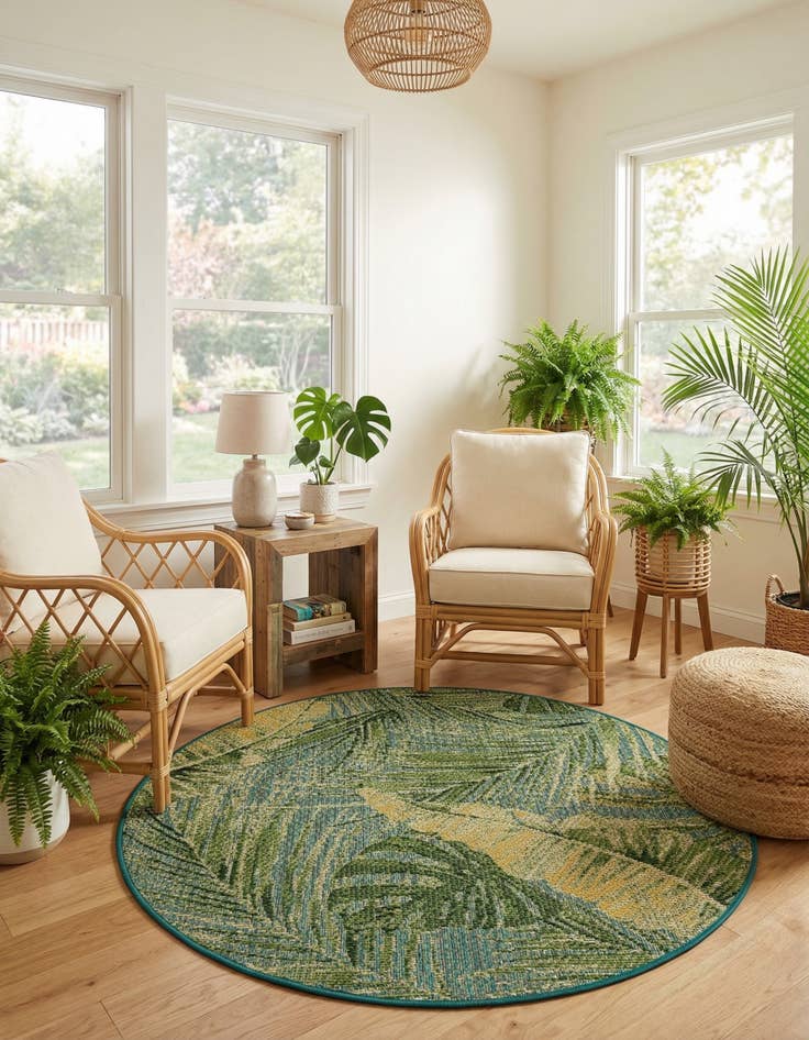 Detail image of 4' x 4'  Washable Botanical Indoor / Outdoor Round Rug
