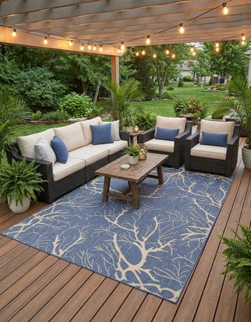 Blue Easy-Clean Botanical Indoor / Outdoor Rug