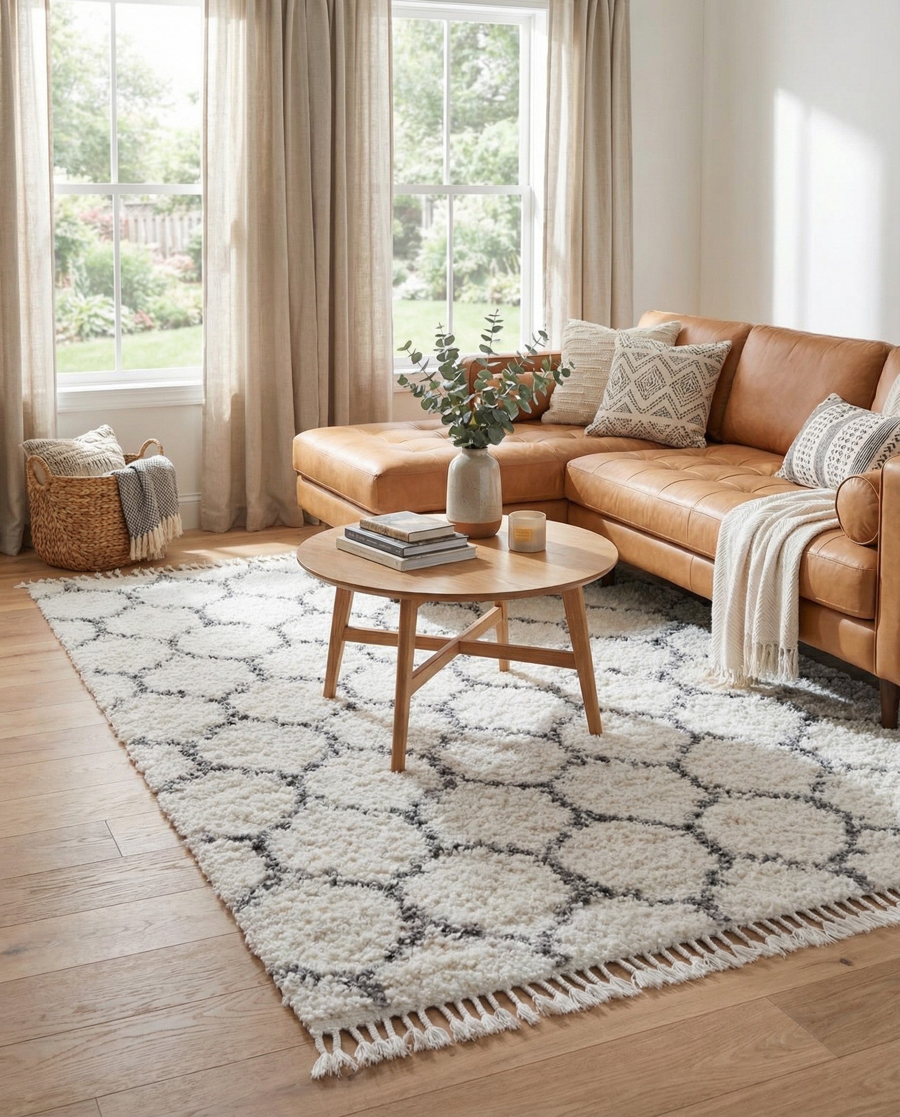 A rectangular 9x12 ivory shag rug with a modern trellis pattern in light gray, suitable for a living room.