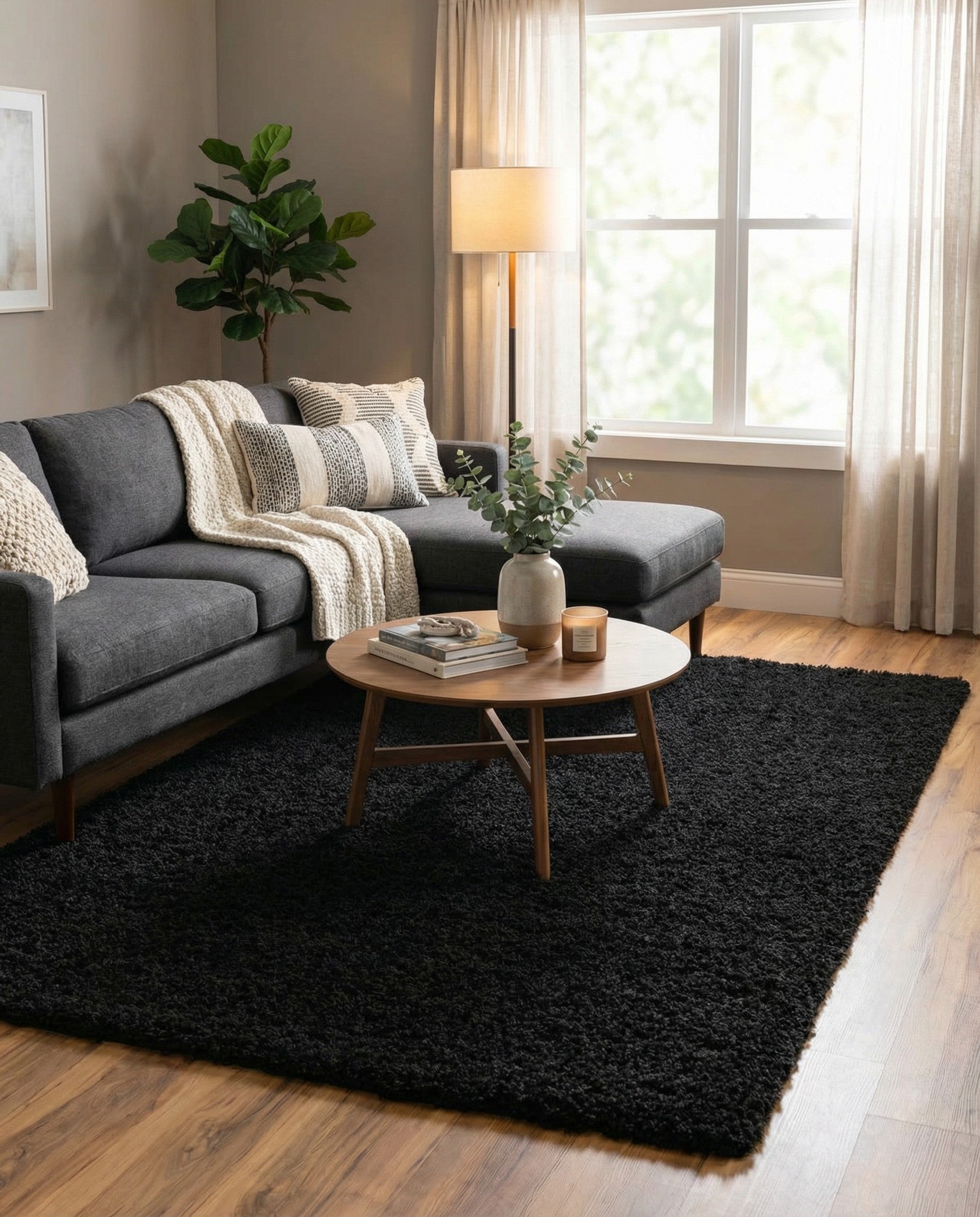 A 6x9 rectangular black shag rug with a textured pile, perfect for a modern living room or bedroom.