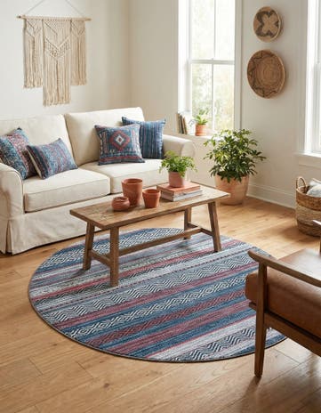 Navy Blue Washable Yara Round Rug