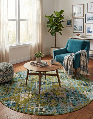 Blue Green Washable Theia Round Rug