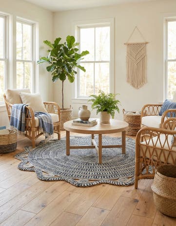 Navy and White Handmade Braided Jute Round Rug