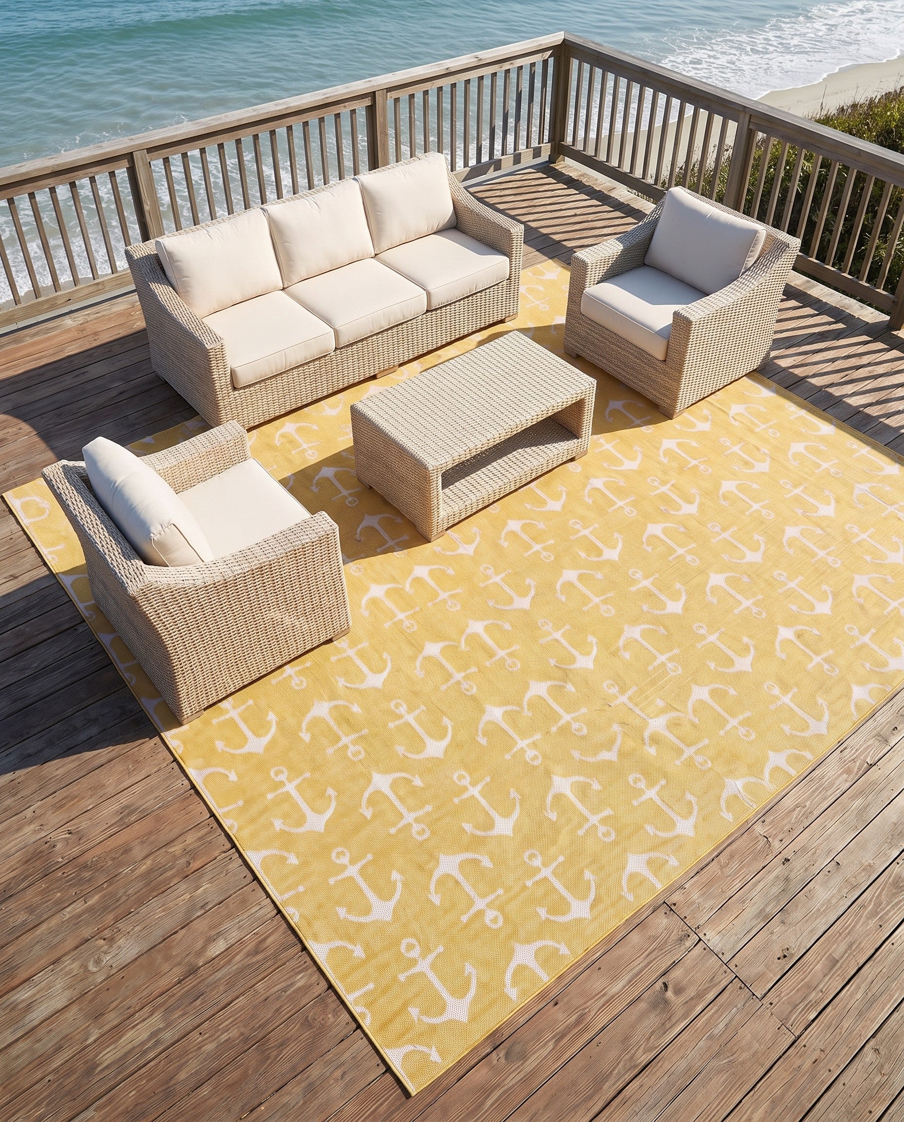 Yellow Easy-Clean Coastal Indoor / Outdoor Square Rug