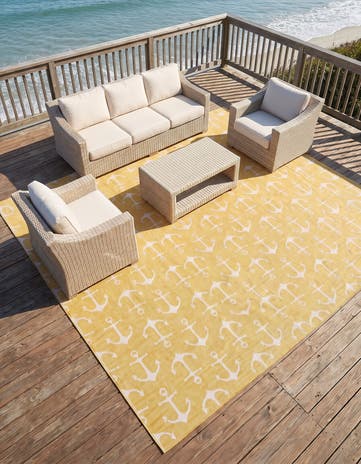 Yellow Easy-Clean Coastal Indoor / Outdoor Square Rug